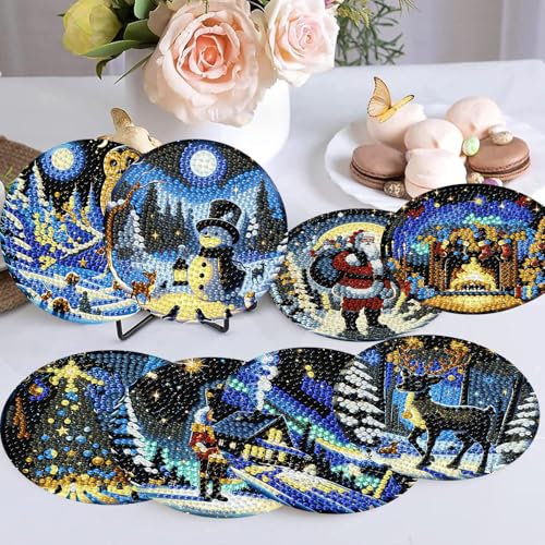8 PCS Christmas Diamond Art Coasters Kits with Holder Cork Pads | Diamond Painting Coasters Kits 5D Diamond Coasters Gem Art Dots Paintings Crafts Supplies — view 4