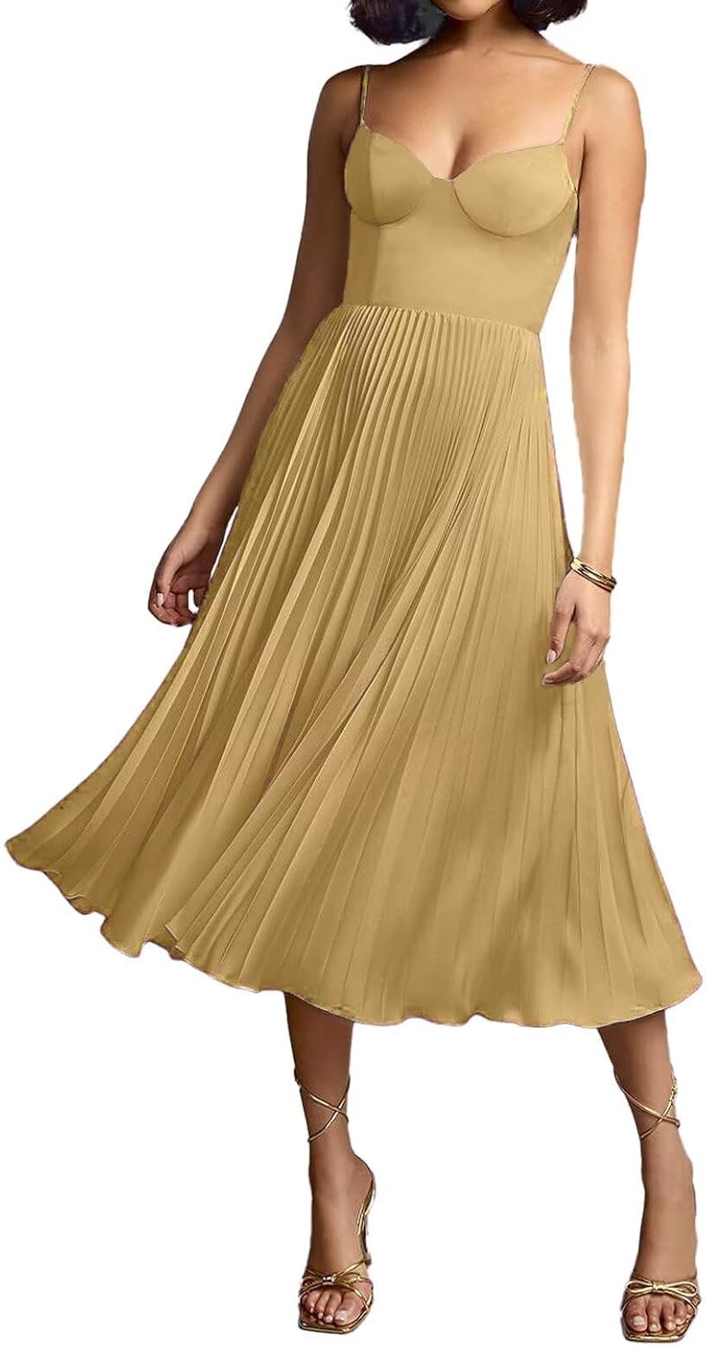 Women's Formal Dresses Tea Length Spaghetti Straps Flowing Satin Pleated Evening Party Dress