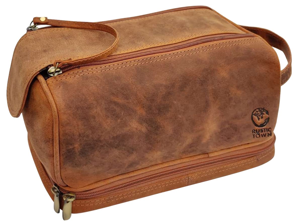 Genuine Leather Travel Toiletry Bag - Dopp Kit Organizer (Brown)