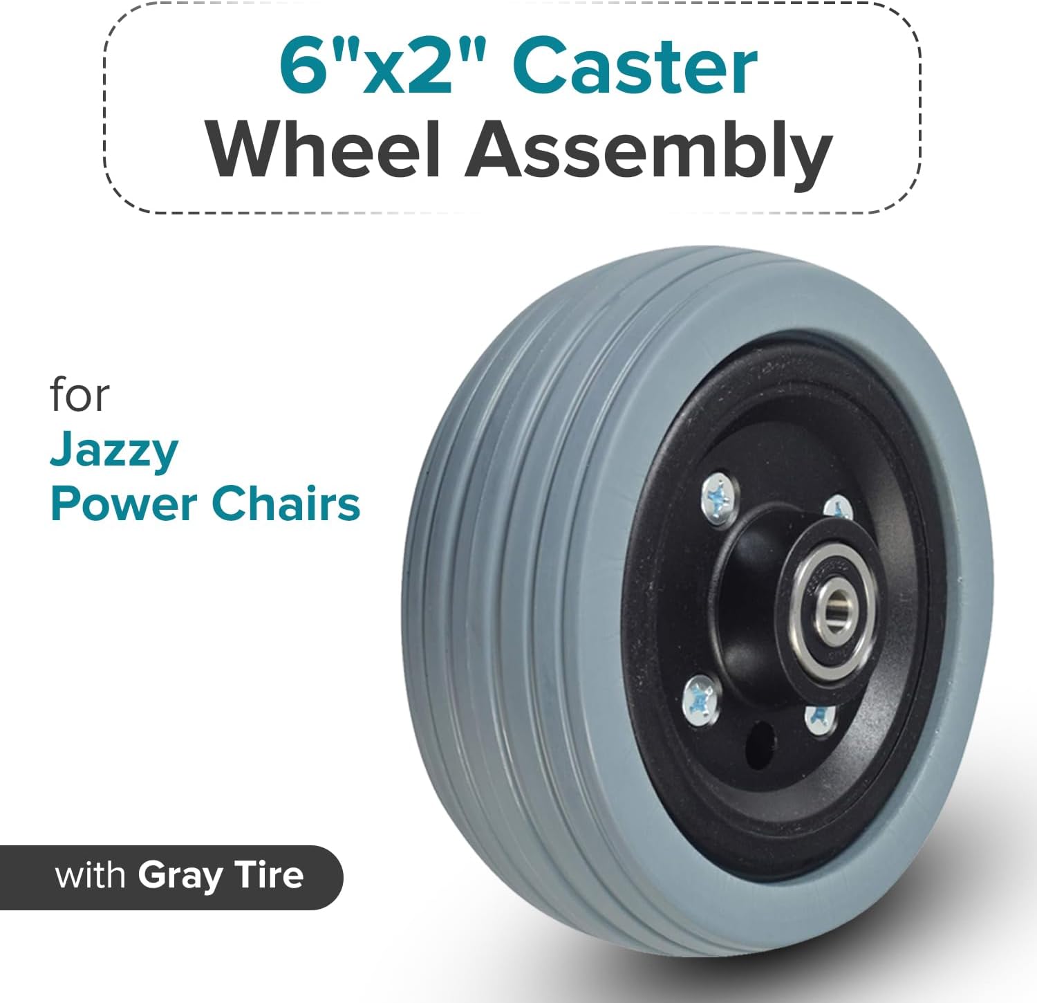 AlveyTech 6"x2" Flat-Free Caster Wheel Assembly with Gray Tire for Jazzy Power Chairs - Replacement Jazzy Mobility Power Chair Wheels Include Ribbed Solid Tires & 638RS Bearings (WHLASMB1762 / C1762)