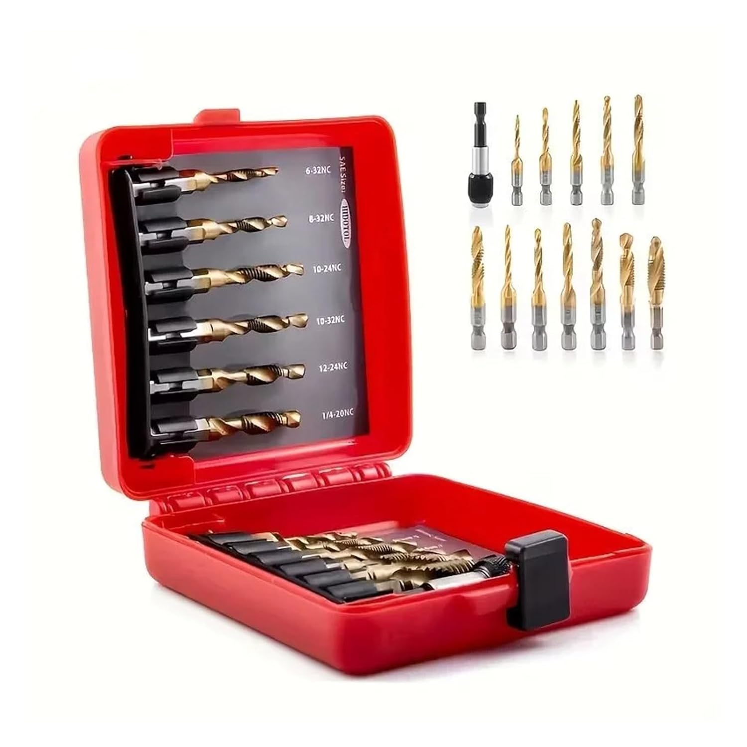 13pcs Drill Bit and Tap Set with Quick-Change Adapter, Metric Taps, 3-in-1 Tool for Drilling, Threading, and Reaming - Steel