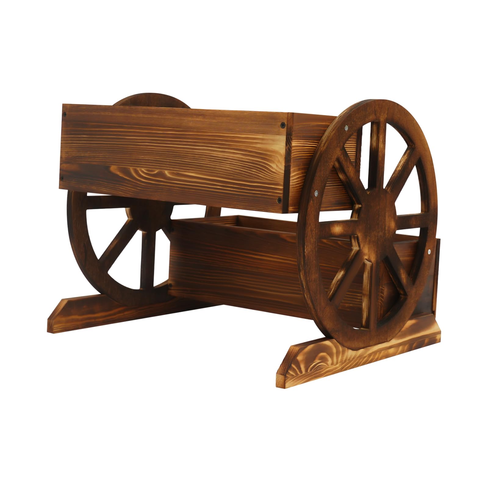 Blumenkasten Holz mit Wagenrad, Pflanzkasten mit Abflussloch