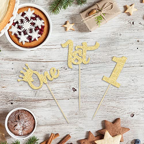 24Pcs 1St Birthday Cupcake Toppers Glitter First Birthday One Cupcake Picks For Baby Shower 1St Birthday Party Cake Decorations Supplies Gold #TOP2