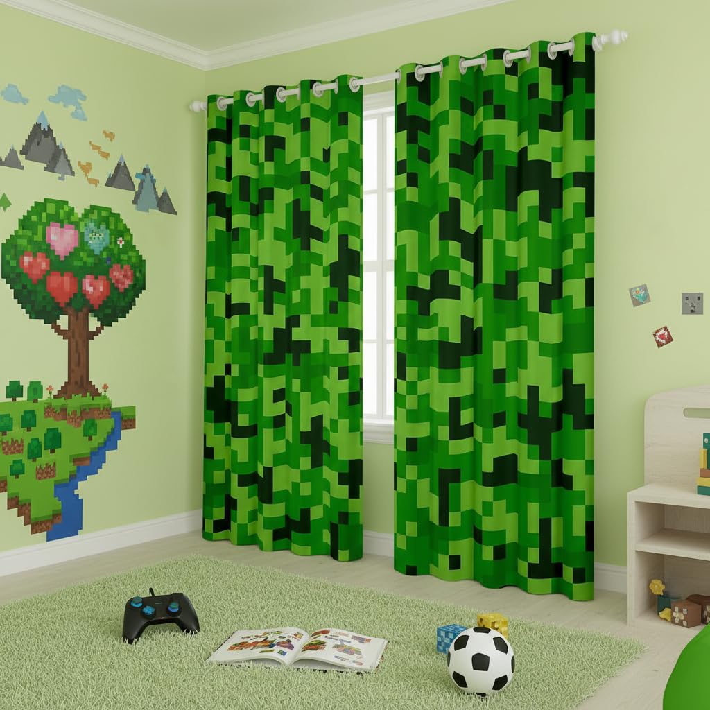 Grüne verpixelte Minenarbeiter-Vorhänge, Videospiele, Fenstervorhang, Kinder-, Jungen-, Mädchen-, Jugendzimmer-Dekor, Cartoon-Gamepad-Fensterbehandlungsvorhang, modern, geometrisch, kariert