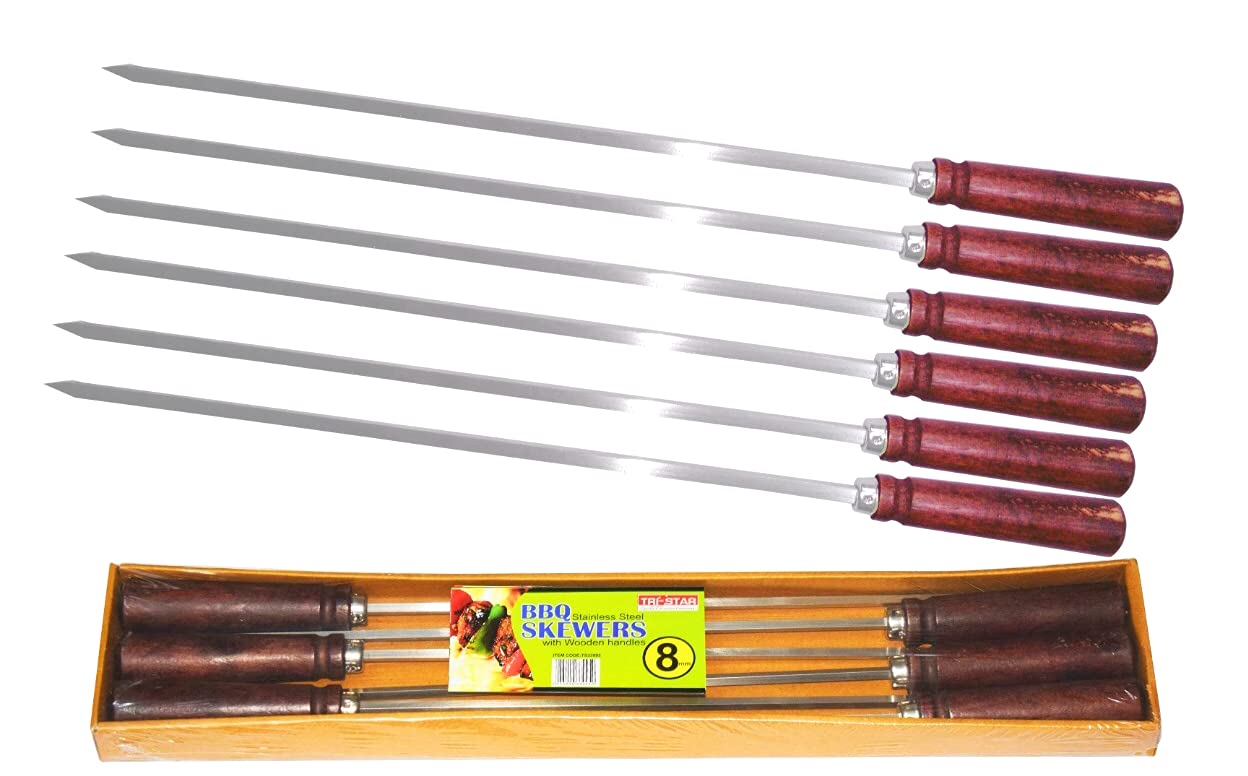 Tri-Star 6pc 54cm Stainless Steel BBQ Skewers 8mm with wooden handles