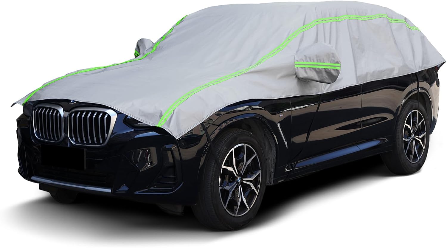 Half Car Cover with Green Reflective Strip, Windshield Cover for Ice and Snow with Cotton Liner, Hail Protector Car Cover Waterproof All Weather for Snow, Sun, Rain, Dust, UV Protection Fit SUV M