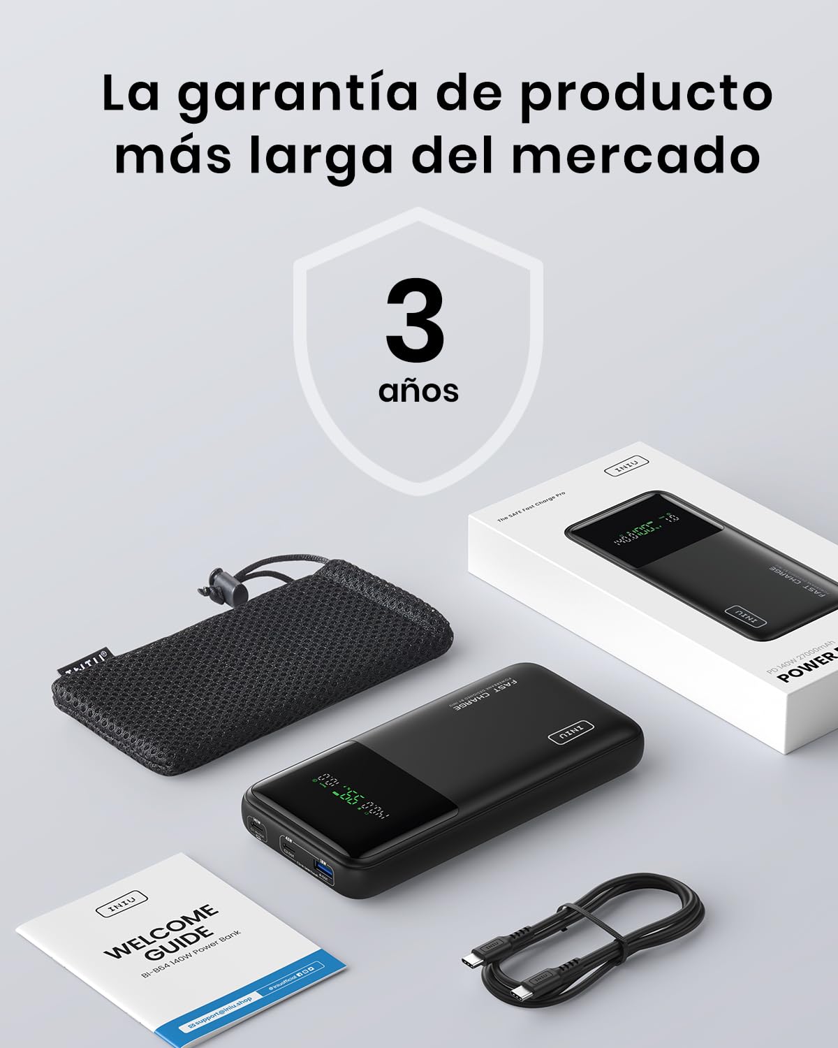 INIU Power Bank 27000mAh 140W, Batería Externa Portátil con Cable USB C Incorporado y Pantalla Digital, 3 Puertos Carga Rápida Powerbank para Laptop MacBook iPhone Steam Deck iPad Samsung