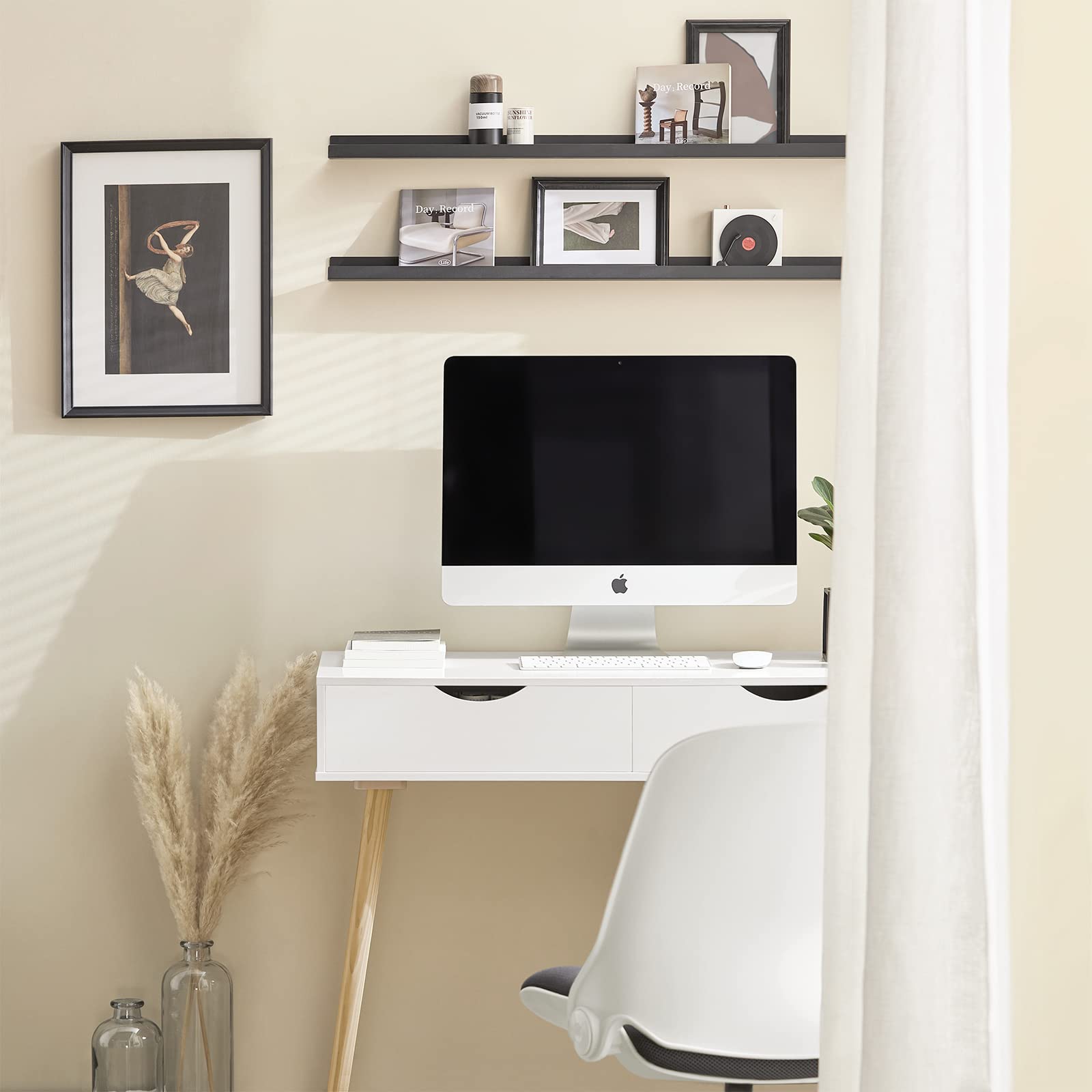 SoBuy Scrivania con 2 cassetti, Gambe in Legno di Pino, Scrivania Ufficio Compatta, Tavolo da Lavoro per Studio Cameretta e Camera da Letto, L90*P45*A77cm, FWT40-WN