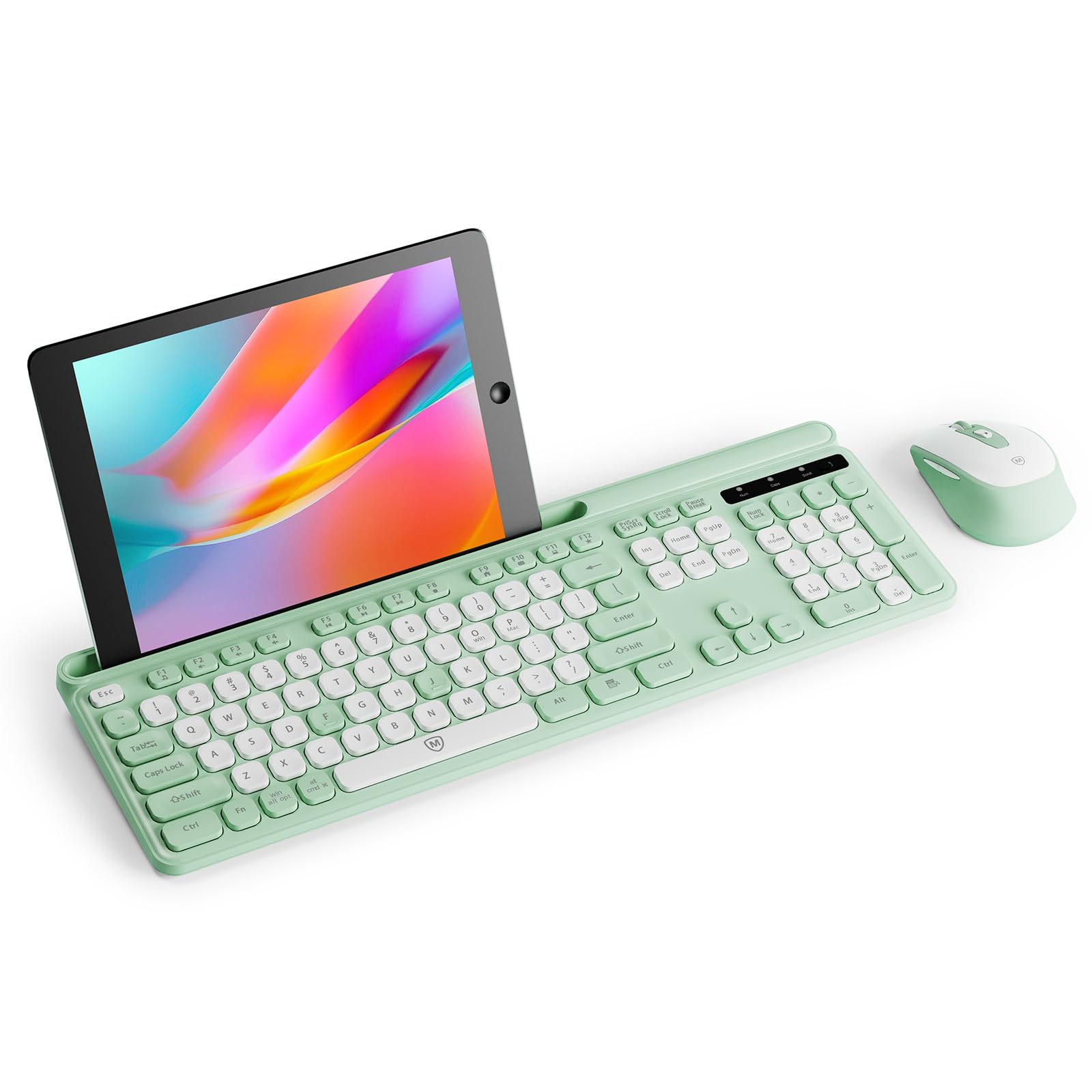 Bezprzewodowa klawiatura i mysz Combo do Windows i Mac OS, pełnowymiarowa klawiatura i mysz kolorowa z odbiornikiem USB i podstawką na telefon do laptopa, komputera, MacBooka, zielono-biała