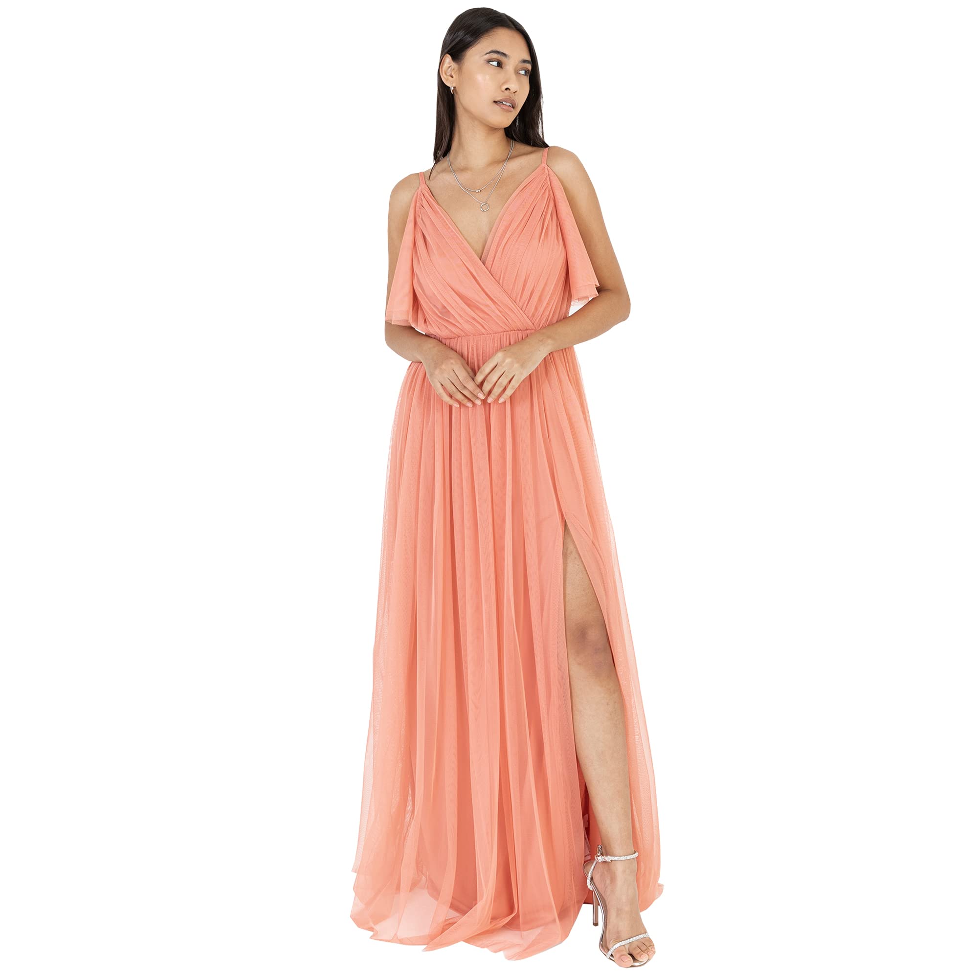 Anaya with Love Ladies Women Long Length Dress Maxi Short Sleeve Cami V Neckline Long Length Empire Waist Bridesmaid Wedding Guest Prom Vestito Donna (Pacco da 1)