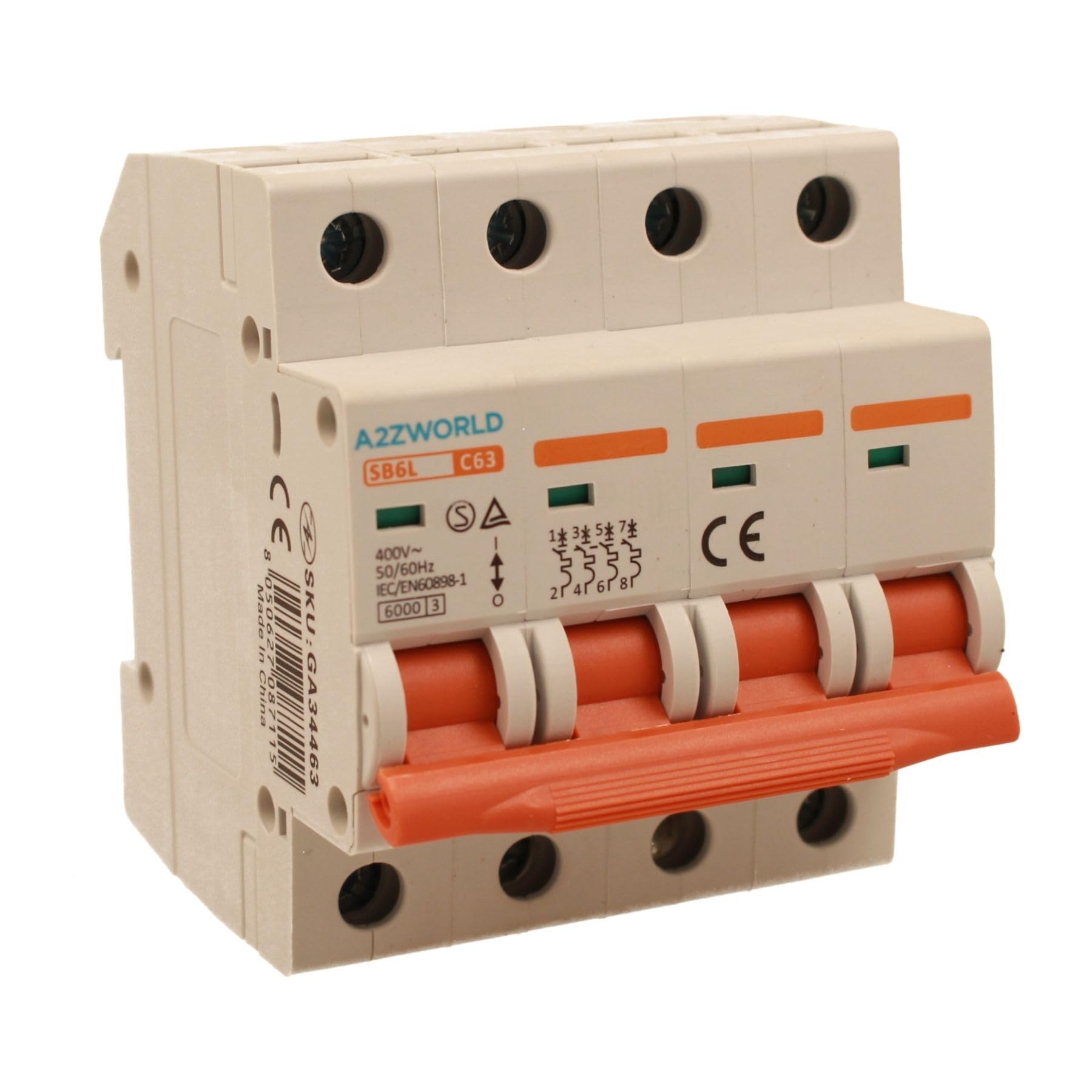 Interruptor magnetotérmico trifásico, MCB 380 V 4P 63 A C63, curva C 6 kA, 4 módulos DIN