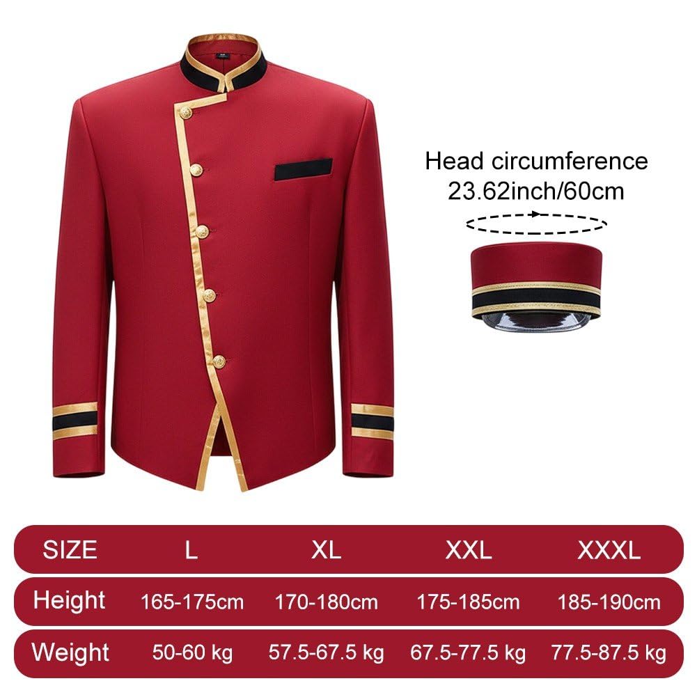 Uniforme De Recepción De Hotel (1 Unidad) con Gorra. Uniforme Profesional Rojo para Recepcionistas Y Camareros. Uniforme De Servicio De Manga Larga.
