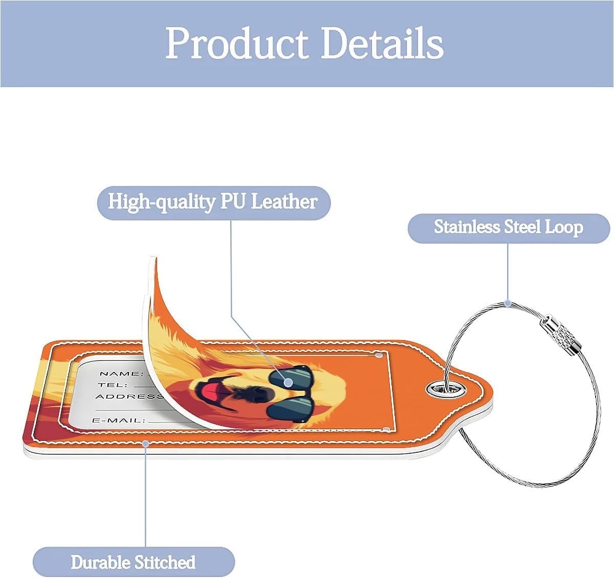 Luggage Tags,Cartoon Cute Sunglasses Golden Retriever Design, Double-Sided Privacy Cover ID Labels with Stainless Steel Loop and Address Card for Travel Bag Suitcase