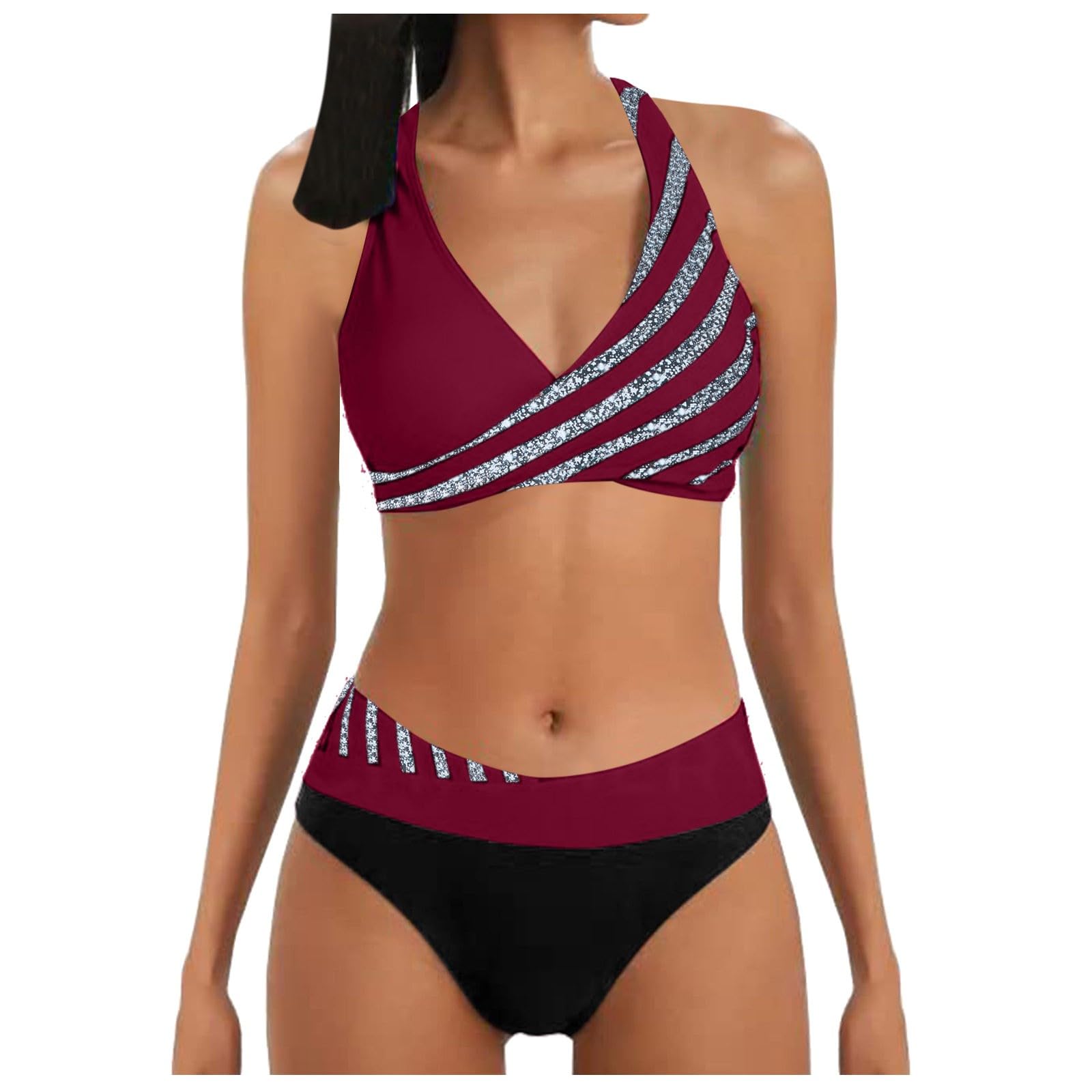 Conjunto de bikini para mujer, bikini estampado con parte inferior, color rojo vino, talla XXL