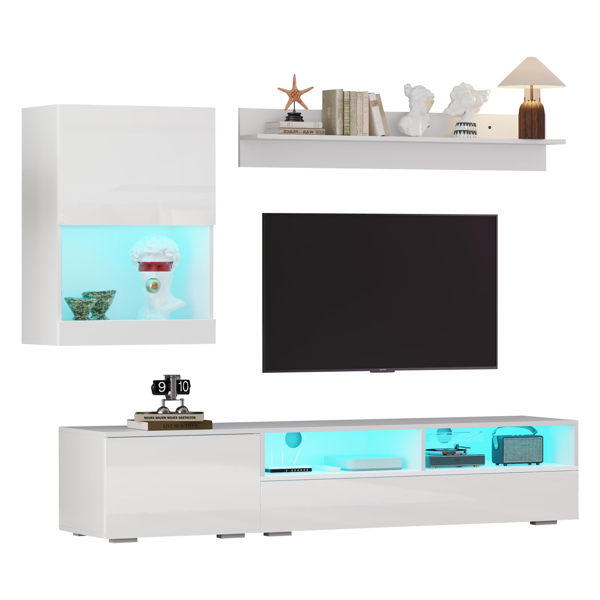 Mueble de salón, mueble de TV, juego de muebles de salón (juego completo, 3 unidades), mueble TV (vitrina, LED, alto brillo), estantería de pie o de pared (de pie o colgante), para TV de