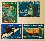  France 2002. 4 Timbres Authentiques de Collection Neufs Nos 3485 à 3488. Animaux Marins : Tortue, Dauphin...par des Livres Express
