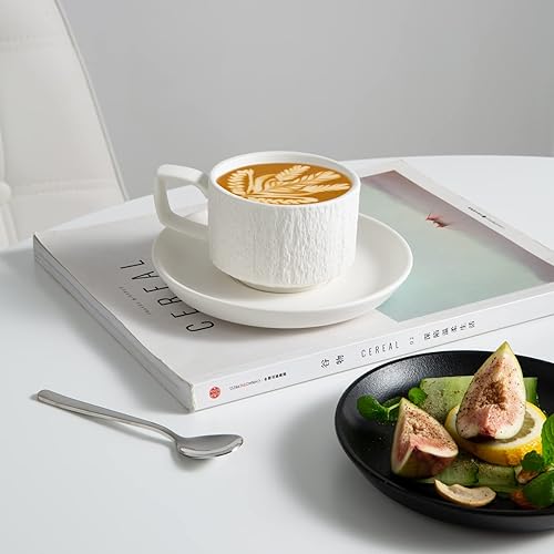 Miniatura 4 de JinGlory Rock Texture - Juego de té de café de cerámica en relieve, espresso capuchino, taza y platillo de cerámica novedosa para amigos, mujeres,