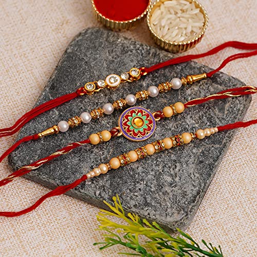 Image of eCraftIndia Designer Peacock Rakhi, Lord Krishna Idol Playing Flute Under Tree with Cow and Calf Showpiece, Roli Chawal Pack, Raksha Bandhan Greeting Card