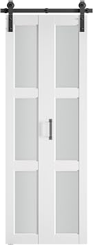 SMARTSTANDARD 30in x 84in Bifold Barn Door, Frosted Glass Barn Door with Hardware Kit Included, Pre-Drilled Holes Easy Assembly -Solid Barn Doors Slab Covered with Water-Proof PVC Surface, White