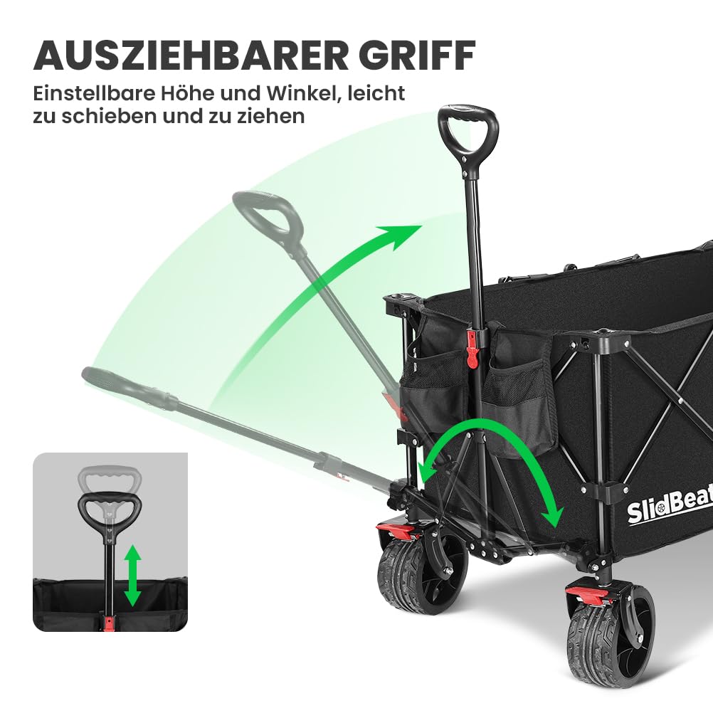SLIDBEAT XXXL Bollerwagen Faltbar mit Bremsen, 300L 226KG Faltbollerwagen Große Räder, Getränkehalter Verstellbarem Griff Klappbar Bollerwagen Für Strand Garten Camping Shopping Transport Trolley
