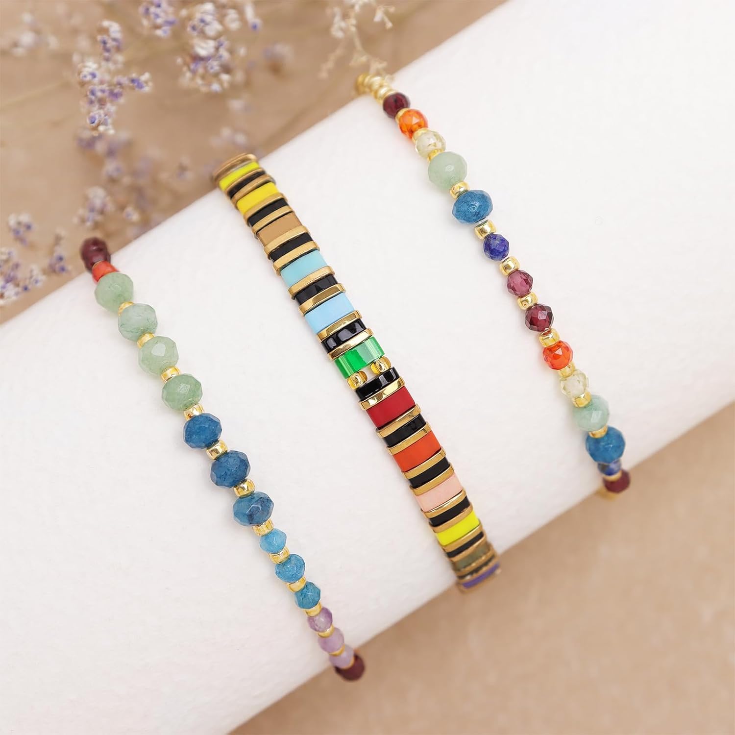Tila Flat Gold Beaded Bracelets Stack Set for Women, Boho Colorful Handmade Gemstone Miyuki Glass Beads Stretch Festive Holiday Accessories Jewelry Gift. - Image 7
