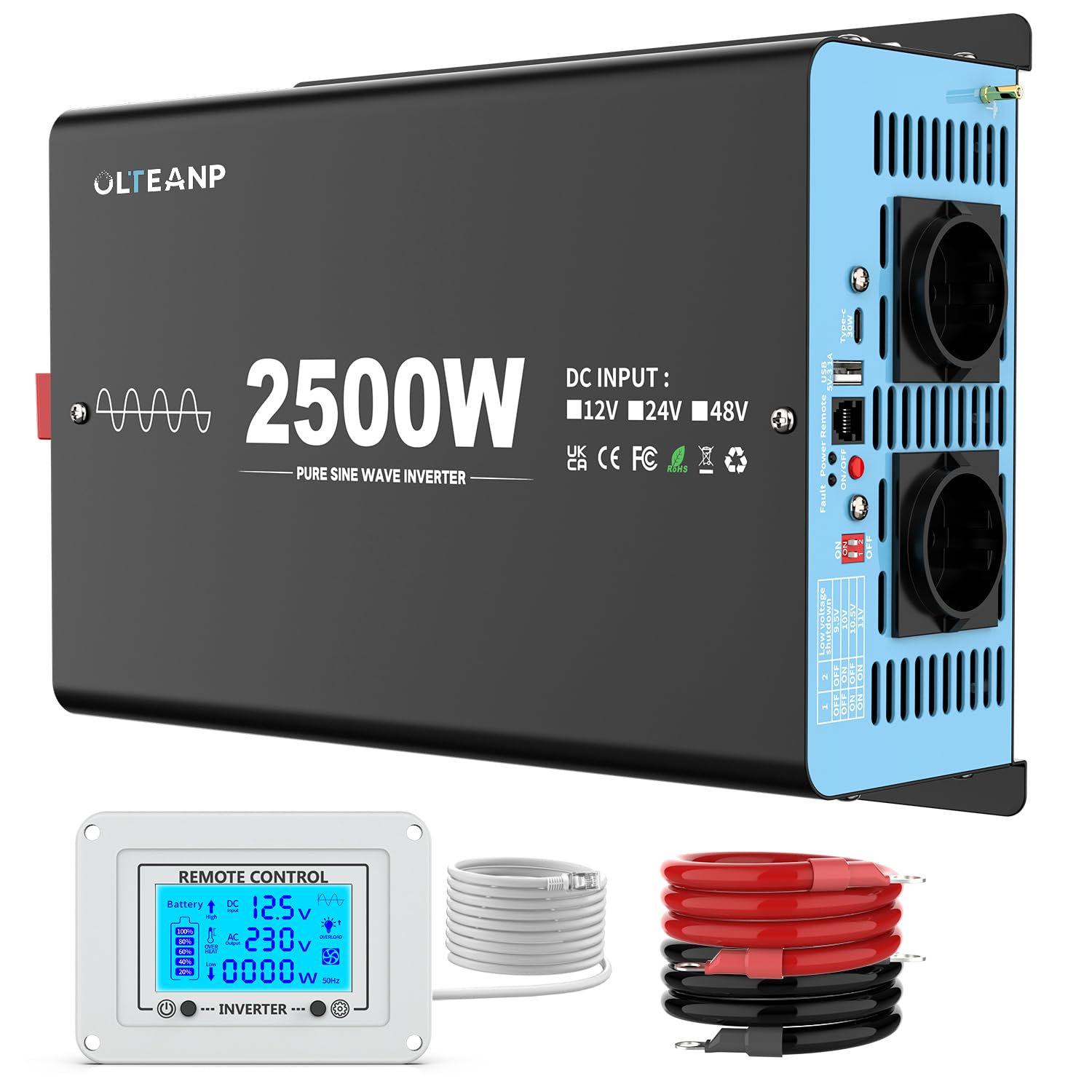 OLTEANP2500W 12V to 230V Pure Sine Wave Power Inverter with 2 AC Outputs, USB Port, Type-C Port, Remote Control, Ideal for Truck, Vehicle, Power Outage