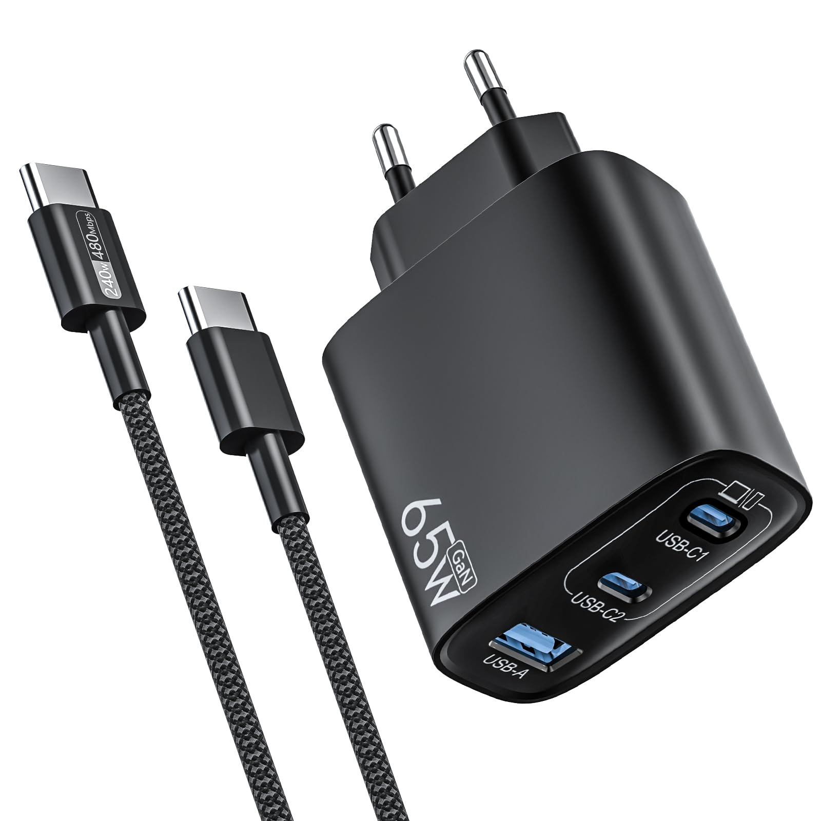 USB C Ladegerät 65W 3-Port,USB-C Netzteil Charger PPS 60W Schnellladegerät PD Ladestecker, kompatibel mit iPhone 16/15 iPad,Samsung S25/S24/S23 Ultra,Google Pixel 9/8,MacBook Pro/Air (schwarz)
