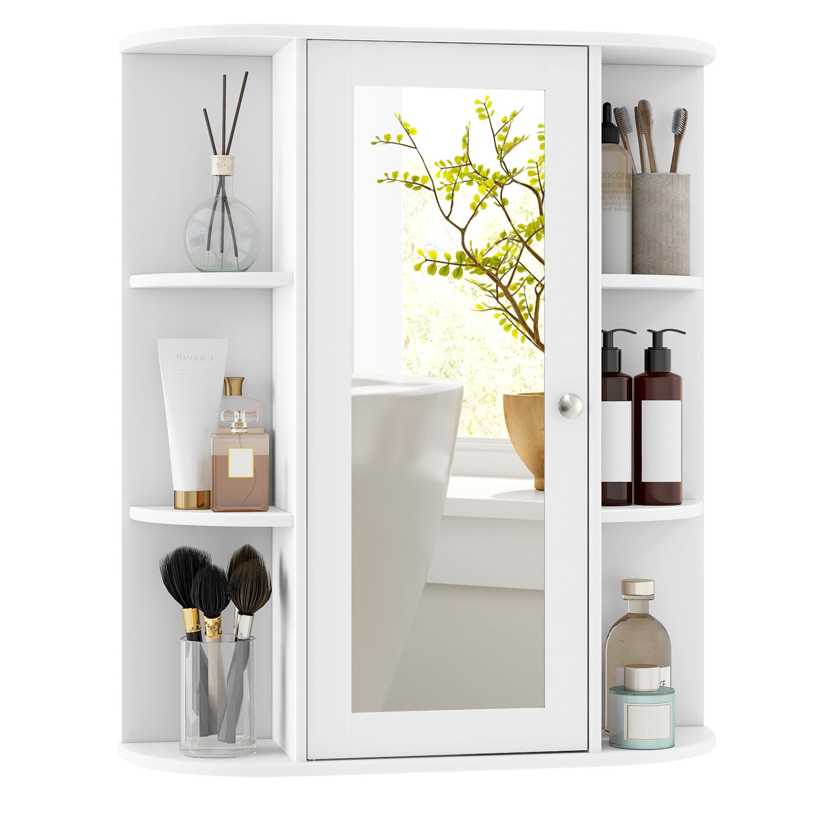 DORTALA Bathroom Medicine Cabinet, Single Door Wall Mounted Medicine Cabinet with Mirror and Shelves, White