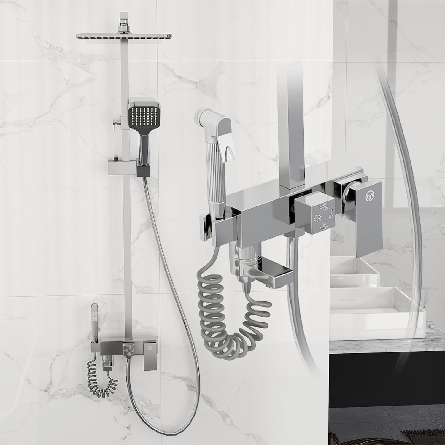 Conjunto de Ducha Cromado con Cabezal Cuadrado Efecto Lluvia y Ducha de Mano, Barra Cuadrada de Altura Ajustable para Bañera o Sistema de Ducha