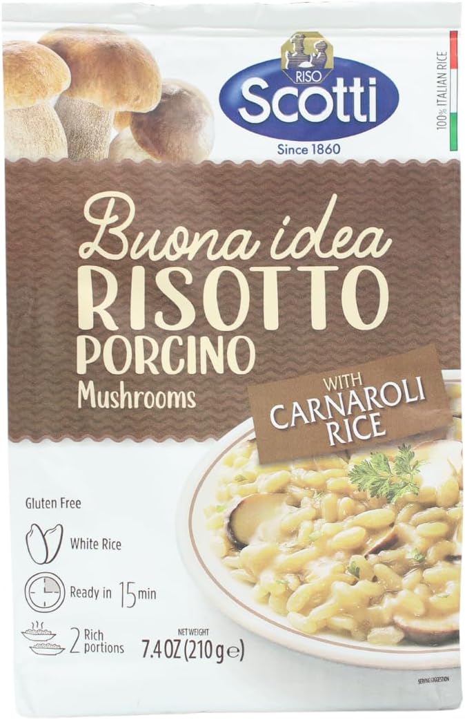 Riso Scotti Porcini Mushrooms, Carnaroli Rice, Ready Meal, Easy to Cook, Italian Seasoned Risotto, Easy Dinner Side Dish, Just Add Water and Heat, 7.4 oz, 2-3 Servings