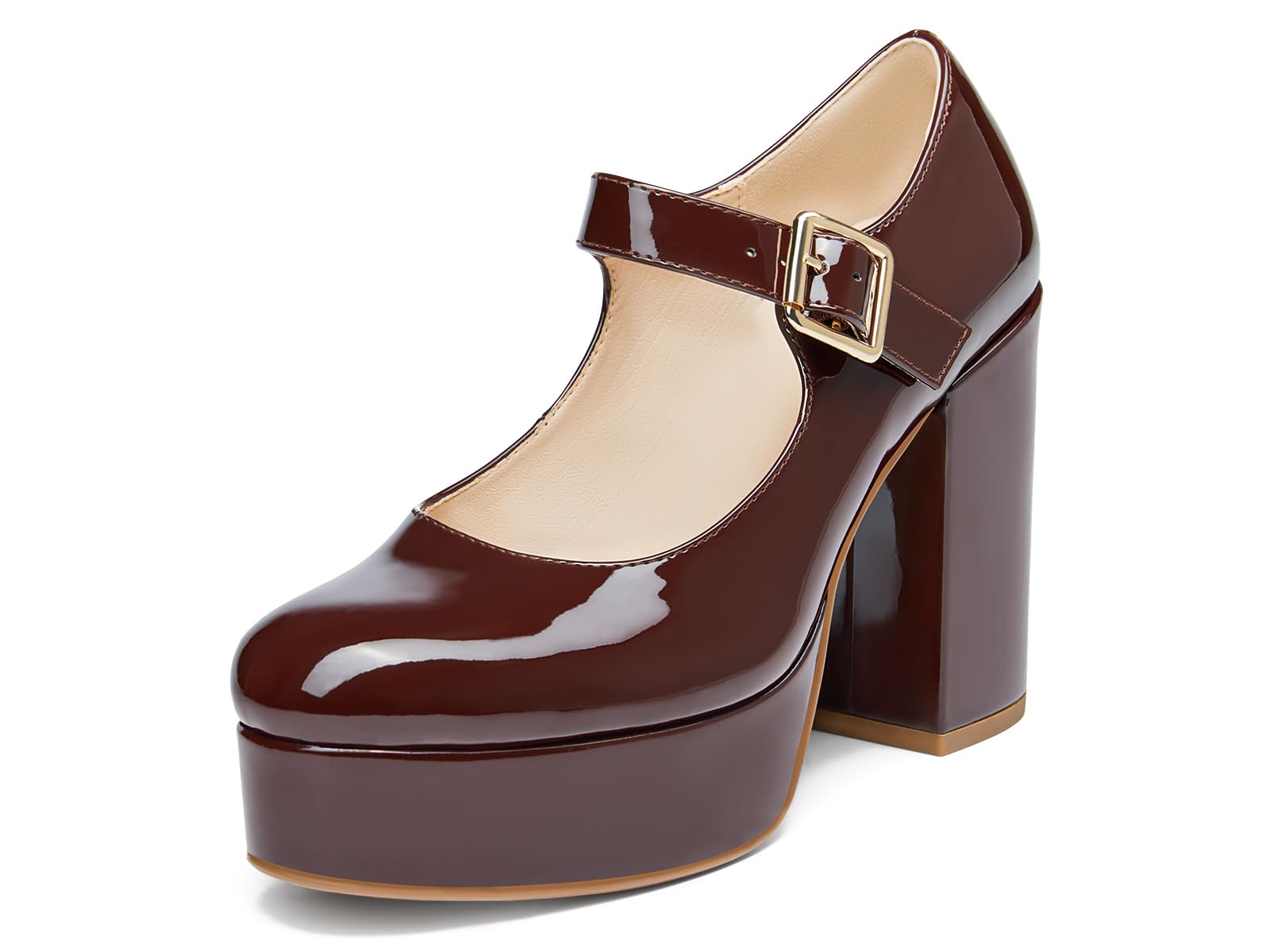 Photo 1 of Coutgo Mary Jane Shoes Women Red Brown Platform Heels for Women Patent Chunky Heels