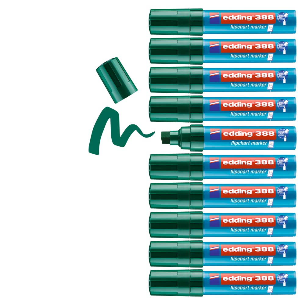edding 388 Flipchart Marker - Green - Box Of 10 - Chisel Nib 4-12 Mm - Marker For Writing, Drawing And Marking On Flipchart Paper - Does Not Bleed Through - Does Not Dry Out