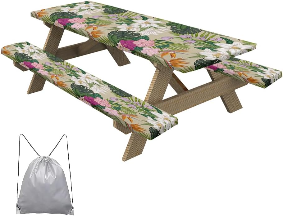 Summer Tropical Picnic Table Cover with Bench Covers Green Palm Leaves Pink Floral Rectangle Table Cover Outdoor Patio Camping Essentials 60 inch 3PCS Camping Fitted Tablecloth with Drawstring Bag