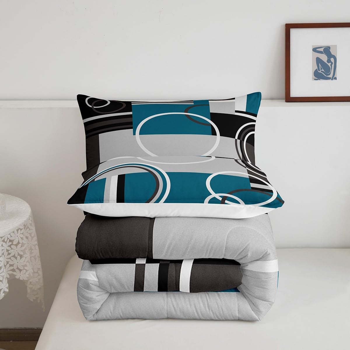 Erosebridal Modern Turquoise Decor Comforter Set Gray Black Blue Stripe Geometric Down Comforter Queen Size Retro Circle Swirls Bedding Set Modern Abstract Texture Color Art Duvet Set - Image 5