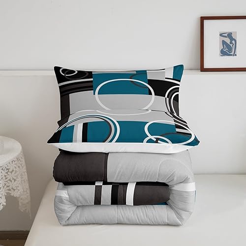 Miniatura 5 de Erosebridal - Juego de edredón moderno de decoración turquesa, con rayas gris, negro y azul, geométrico, con espirales circulares retro, juego de