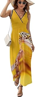 Vestido sin mangas para mujer, con estampado de leopardo y gecos en amarillo, vestido largo casual con cuello en V