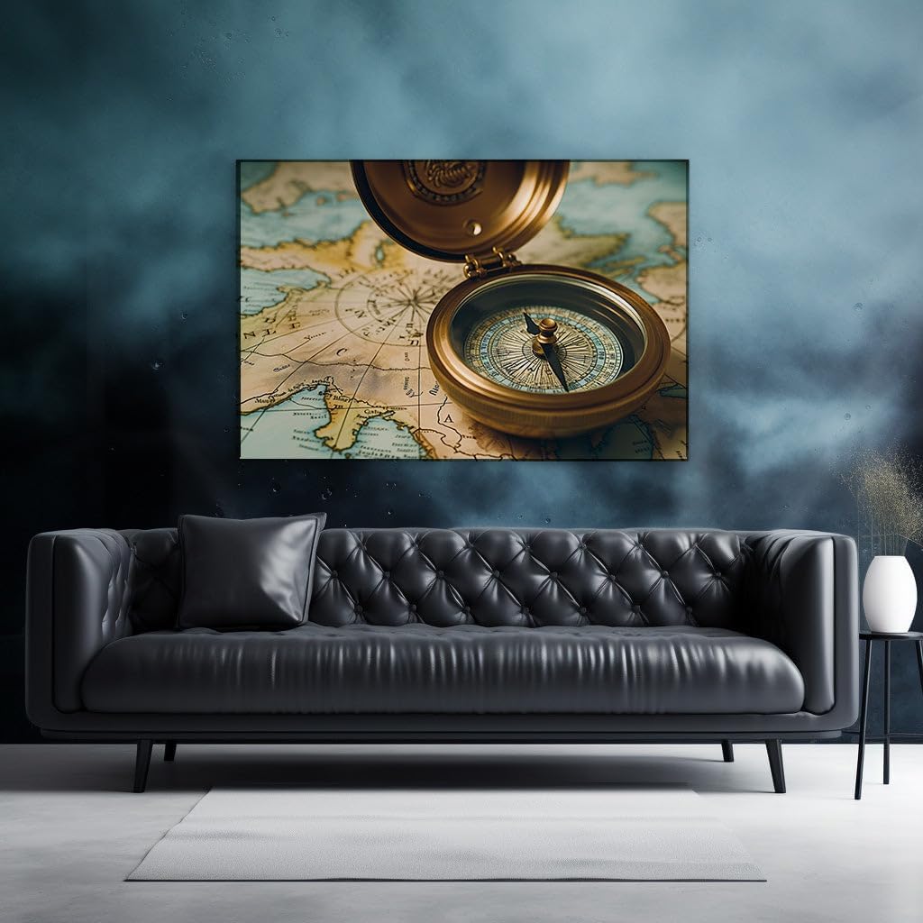Vintage Compass and Map - A Tribute to Timeless Exploration and Adventure Large, Decor, Office, Bedroom Wall. Size: 130x86 cm (51x34 inch) Canvas Wall Art - Retro Home Decor - 69x46 cm (27x18 inch)