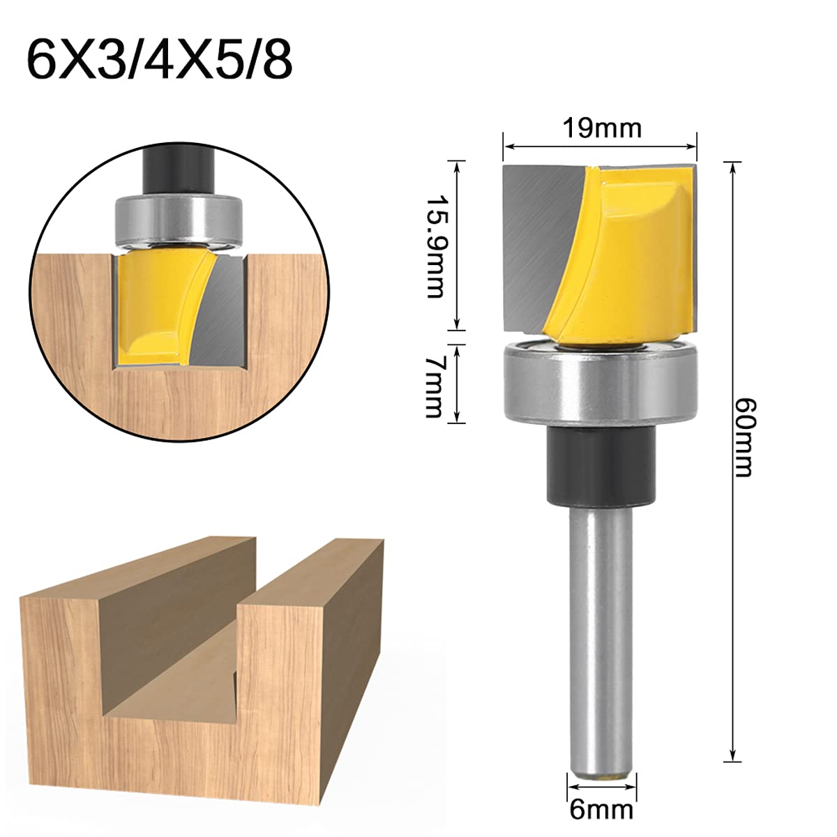 6PC 6MM Shank Pattern Bit Flush Trim Bit Bit with Bearing Hinge Mortising Router Bit Wood Trimmer Cutter