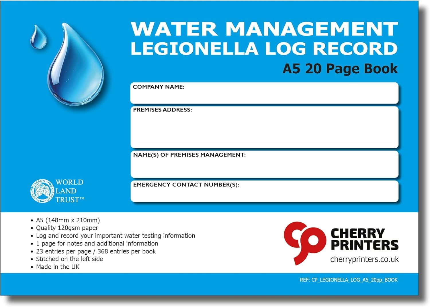 Cherry Printers Water Management Legionella Log Book A5 | 20 Page Record Book | 368 Water Testing Entries | Temperature Checks & Flush Log | ACoP L8 Compliant | 120gsm Paper | Made in UK **8 Pack**