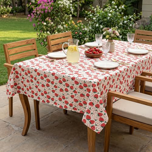 Image of R home Strawberry Print 56 x 90 Inch Table Cover for 6 Seater Dining Table | 100% Cotton Slub Fabric | Premium Digital Printed Rectangular Table Cloth | Soft, Durable, Washable & Reusable