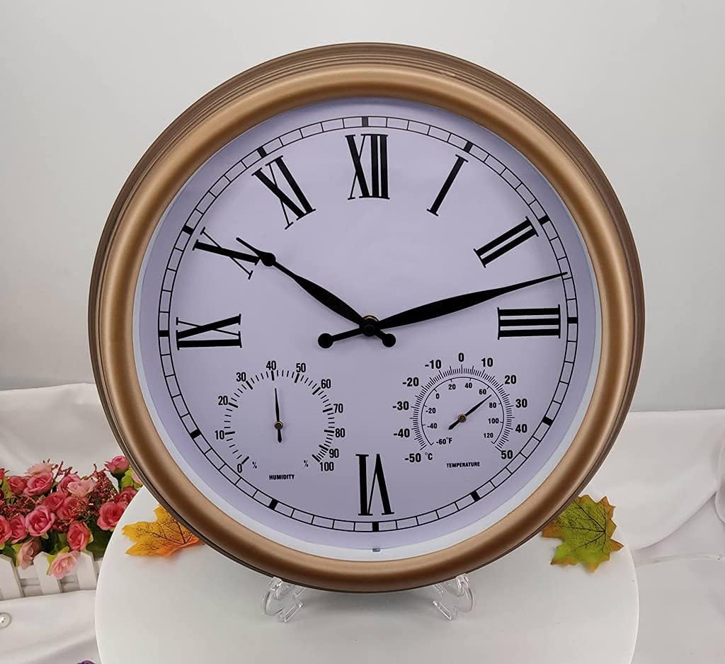 15 Inch Retro Wall Clock, Outdoor Garden Waterproof Clock Roman Numeral Wall-Mounted Thermometer and Hygrometer, Indoor and Outdoor Decoration Silent Quartz Clock