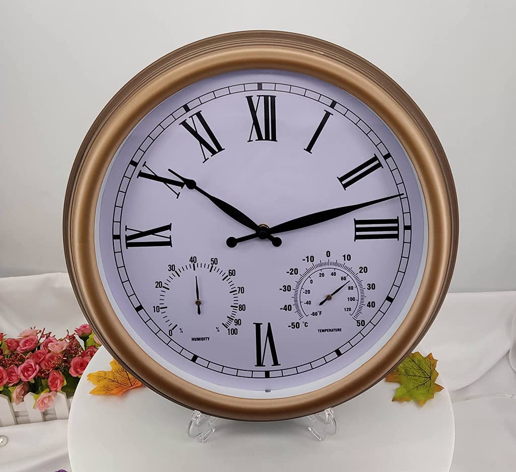 Grande horloge murale de jardin étanche 38 cm avec thermomètre et hygromètre intégré
