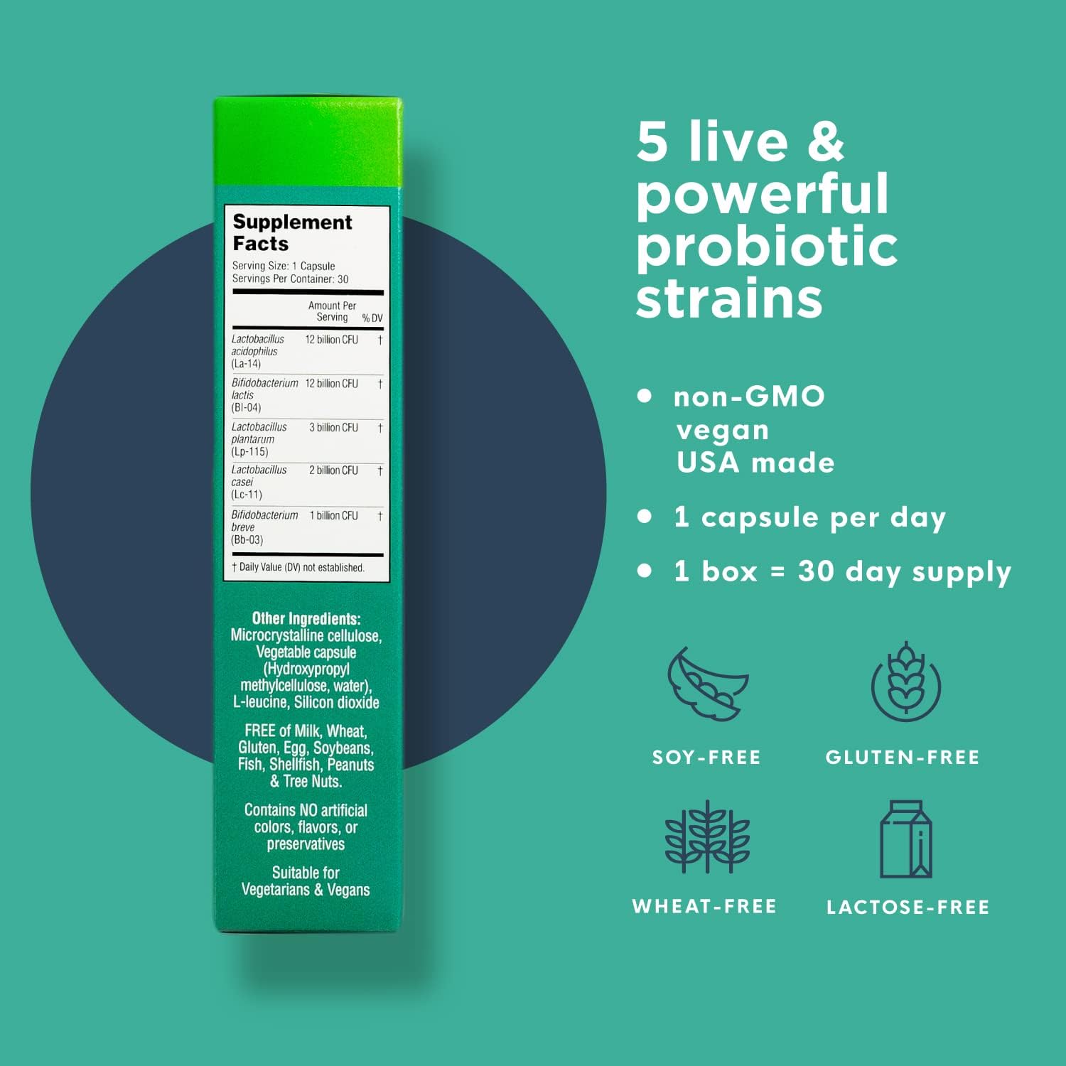 Probiotics 30 Billion CFU Guaranteed | 5 Strains Target Digestive and Immune Health for Women and Men | Individually Foil Wrapped, Shelf Stable | Gluten and Dairy Free | Non-GMO | 30 Vegan Capsules