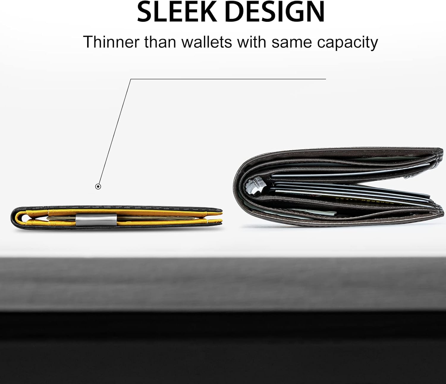 GSOIAX Men's Slim RFID Blocking Leather Wallet with Money Clip Minimalist Carbon Fiber Bifold Credit Card Holder 11 Card Slots Gift Box Included(Carbon Yellow) - Image 2