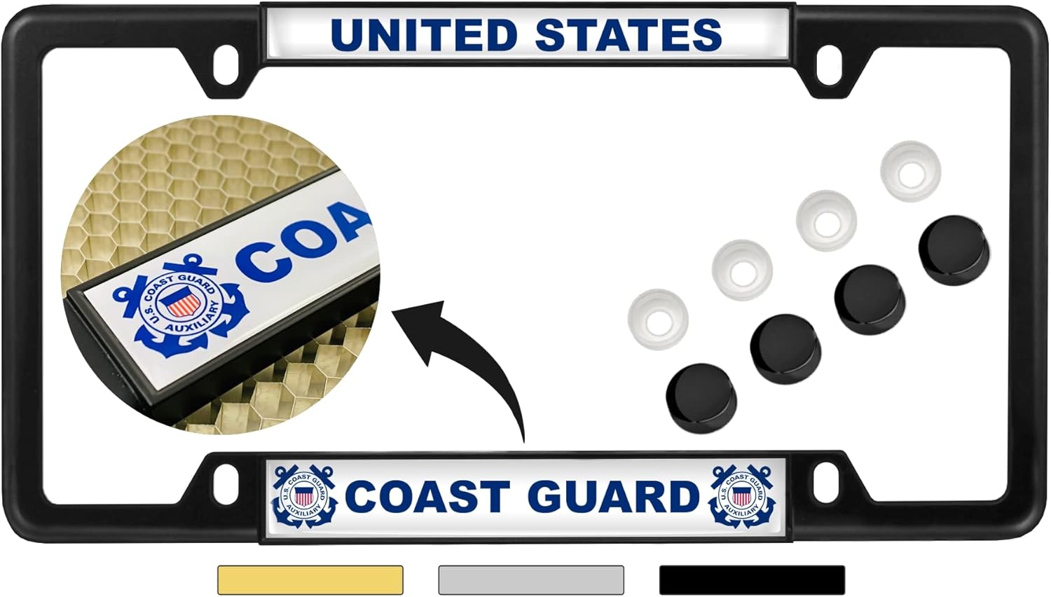 U.S. Coast Guard - Domed Custom-Made Personalized Narrow (Thin) Top 4 Hole Metal Car License Plate Frame with Free caps - Black (Quantity: 1 Frame)