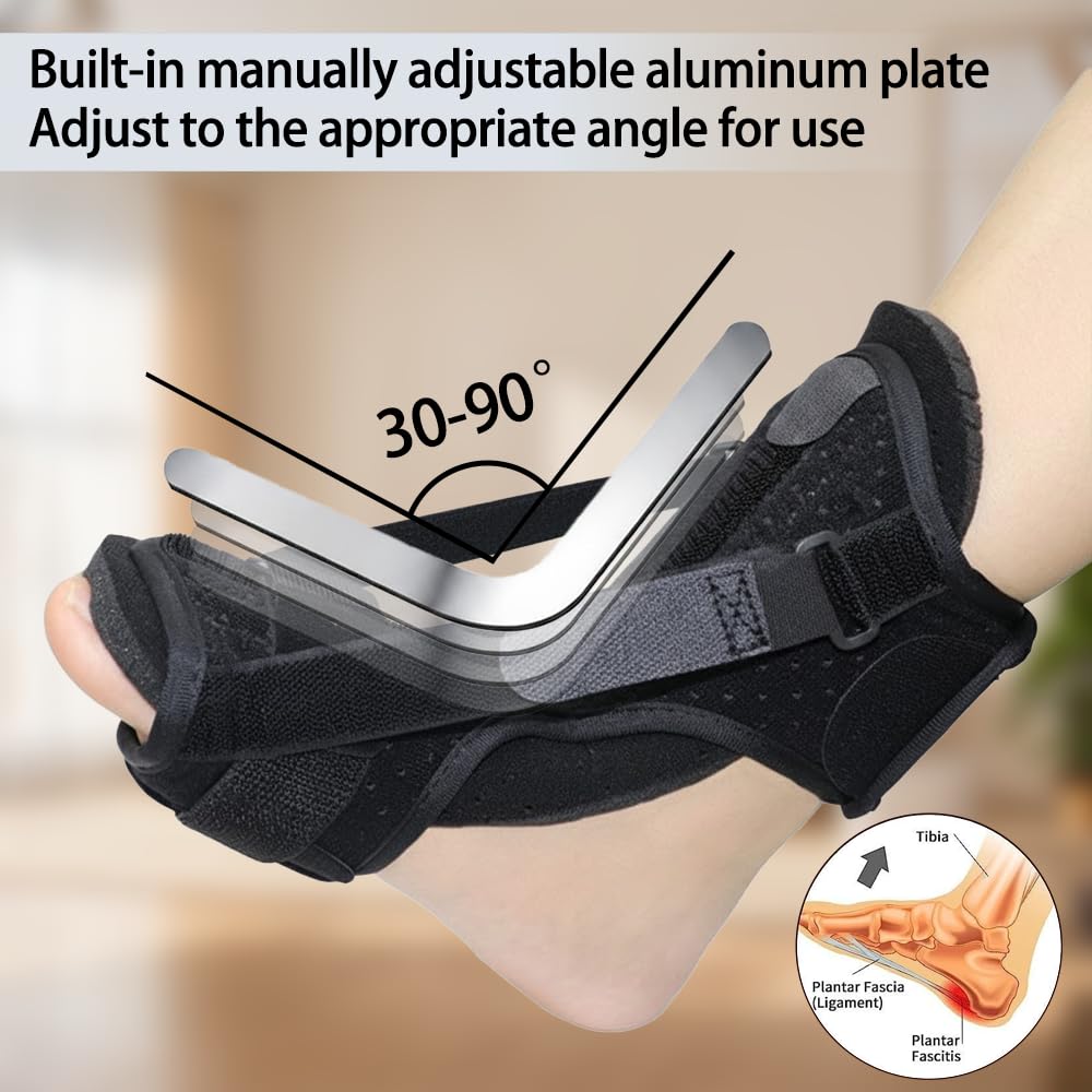 Plantar Fasciitis Night Splint with 28in Elastic Compression Strap, Adjustable Foot Brace, Built-in Aluminum Bar, Cushioned Open Heel Support for Sleeping