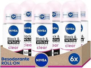 NIVEA Black & White Invisible Original Roll-on en pack de 6 (6 x 50 ml), antitranspirante para una piel suave con fragancia, desodorante roll on para proteger la ropa