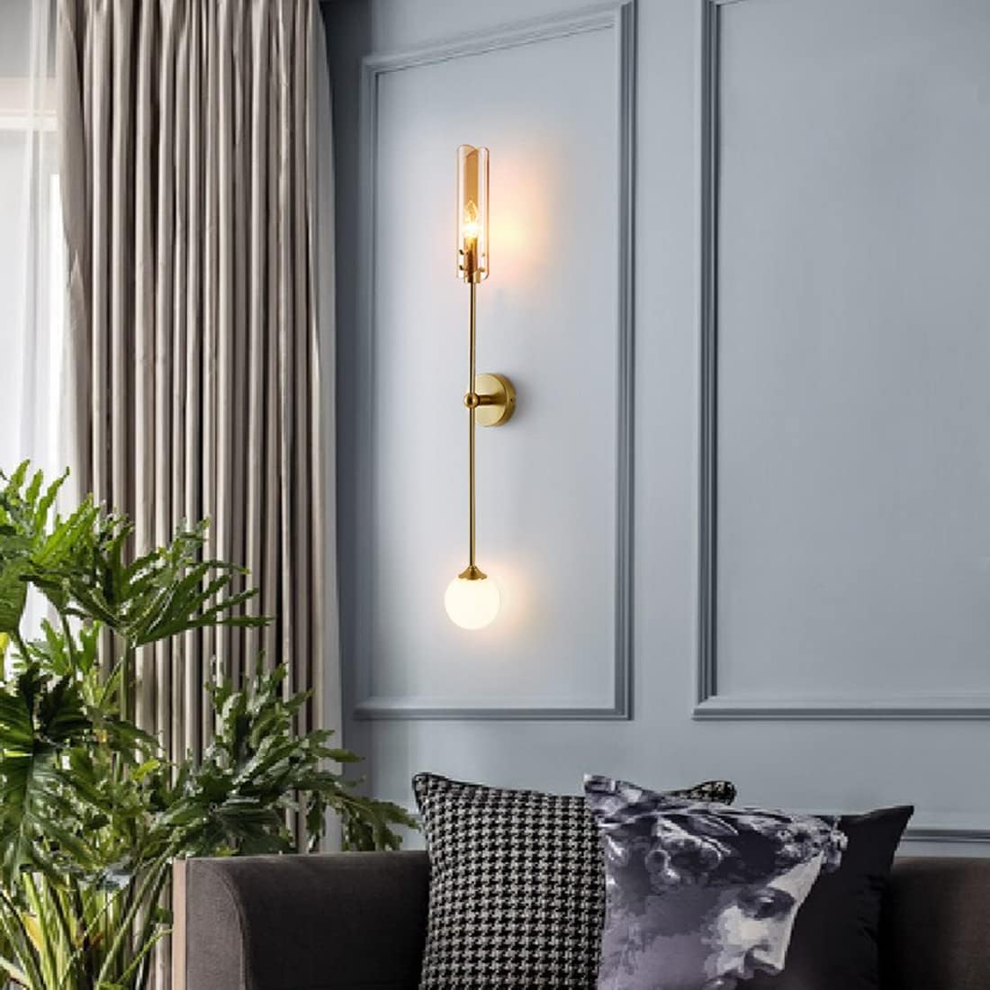 2-Light mid Century Modern Wall Sconce Gold Bathroom Globe Vanity Light with up and Down Glass Shade Industrial Vintage Wall Lights Fixture for Mirror Bedroom Living Room Hallway (Amber)