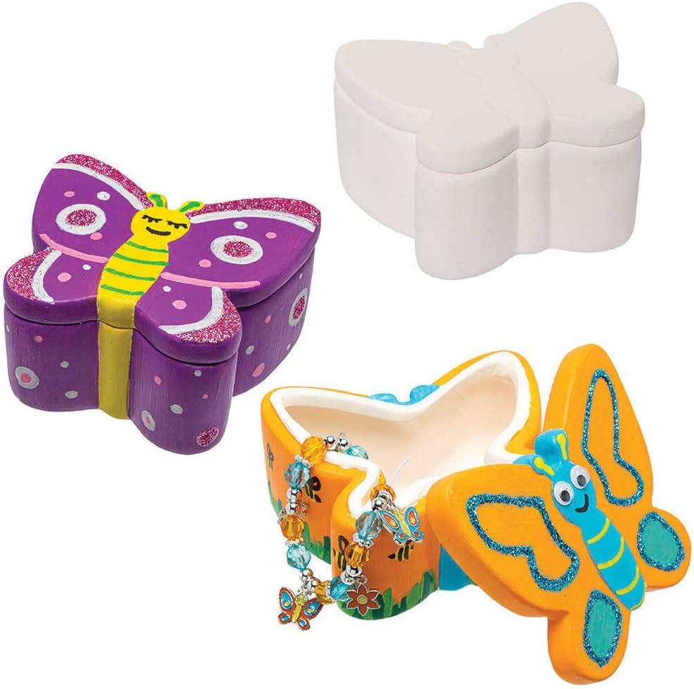 Baker Ross FC822 Butterfly Ceramic Trinket Boxes - Pack of 3, Ceramic Painting for Kids, Crafting Kit for Kids