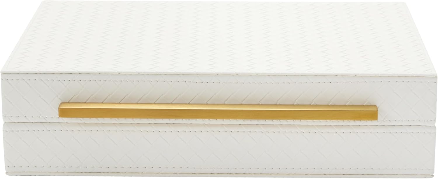 Kingflux White Wooden Keepsake Box With Faux Leather and Brushed Gold Handle, Gift and Storage Box for Vanity, Coffee Table, Shelf, Cosmetic, Jewelry Organizer